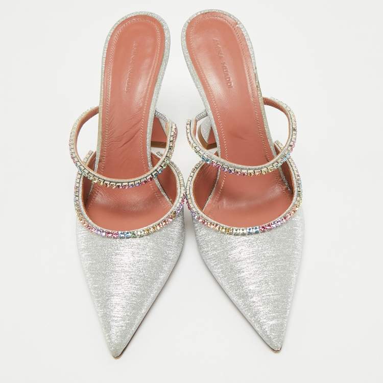 Pre Owned Amina Muaddi Silver Glitter Gilda Mules Size 41