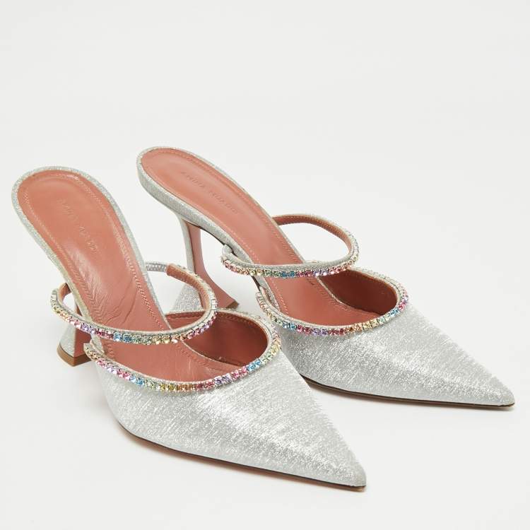 Pre Owned Amina Muaddi Silver Glitter Gilda Mules Size 41