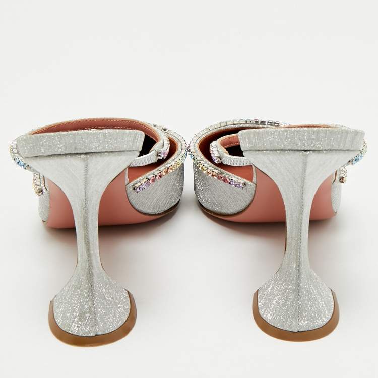 Pre Owned Amina Muaddi Silver Glitter Gilda Mules Size 41