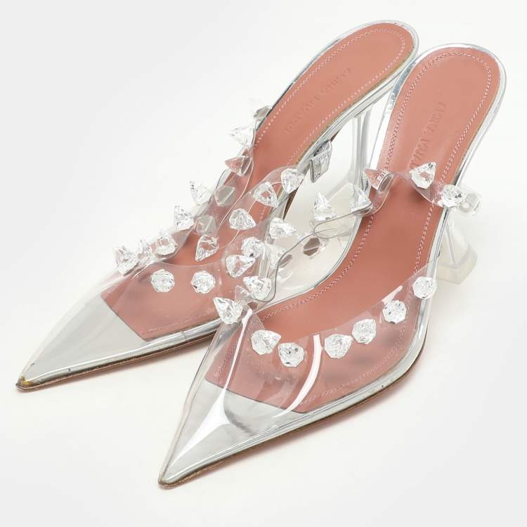 Pre Owned Amina Muaddi Transperent PVC Crystal Embellished Julia Mule Sandals Size 38.5