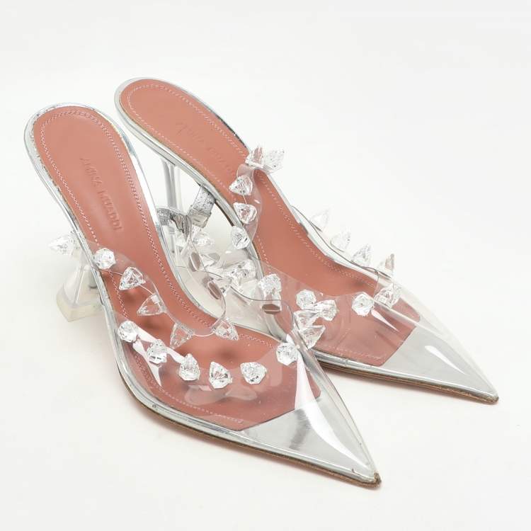 Pre Owned Amina Muaddi Transperent PVC Crystal Embellished Julia Mule Sandals Size 38.5