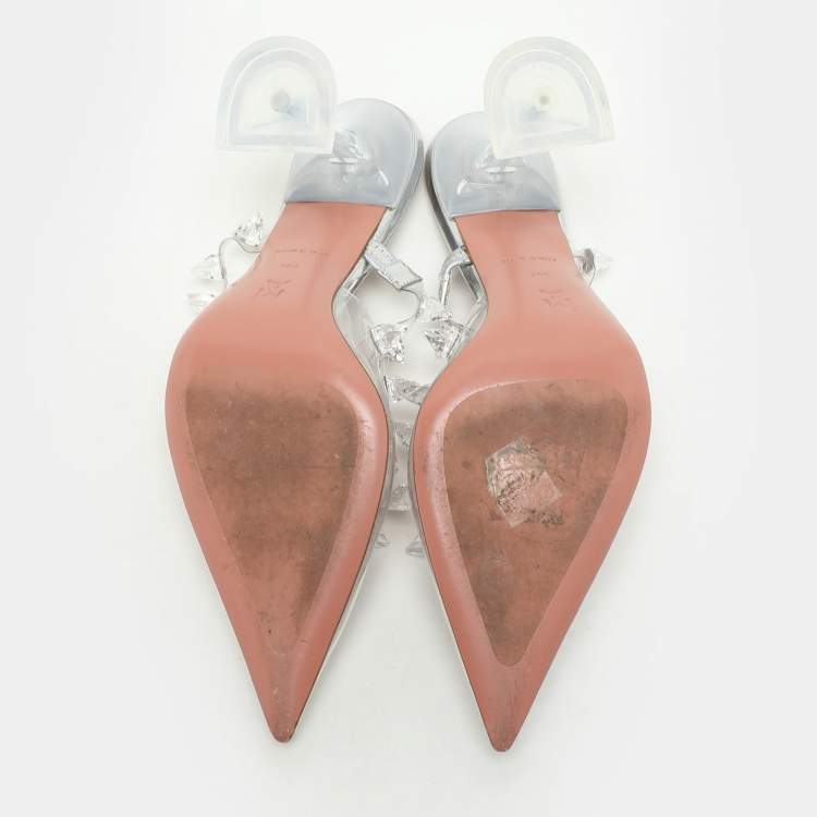 Pre Owned Amina Muaddi Transperent PVC Crystal Embellished Julia Mule Sandals Size 38.5