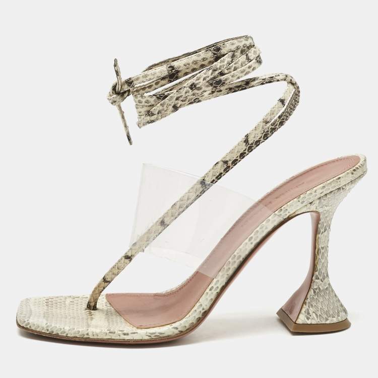 Pre Owned Amina Muaddi Cream/Beige Water Snakes and PVC  Zula Sandals Size 37.5