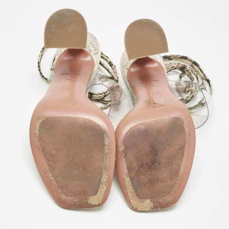 Pre Owned Amina Muaddi Cream/Beige Water Snakes and PVC  Zula Sandals Size 37.5