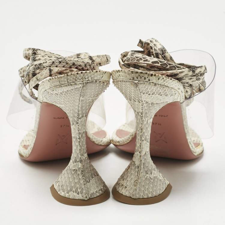 Pre Owned Amina Muaddi Cream/Beige Water Snakes and PVC  Zula Sandals Size 37.5