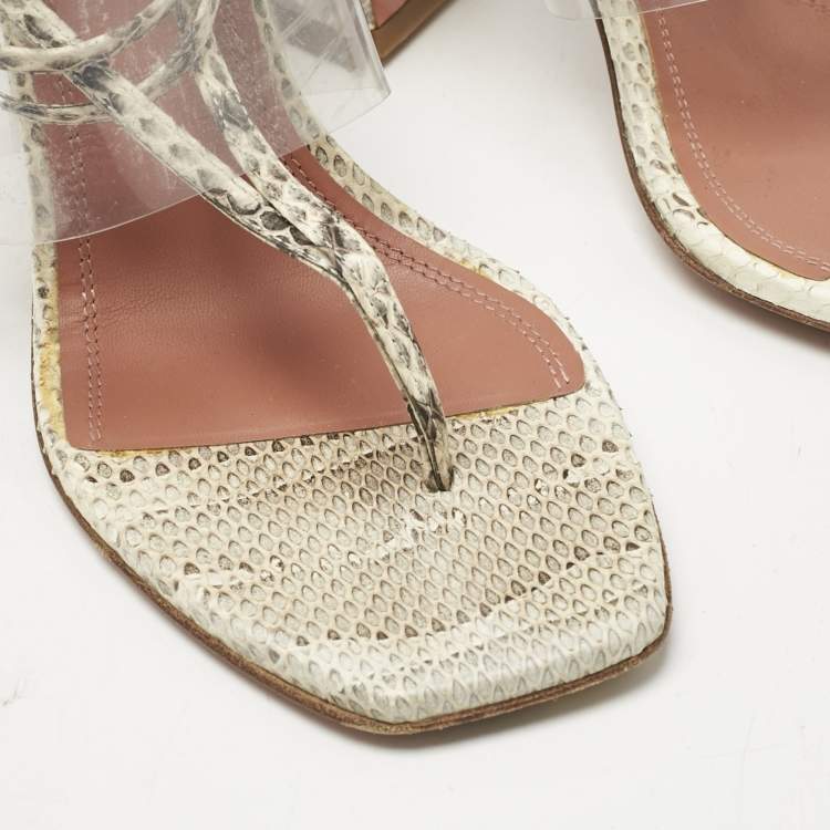 Pre Owned Amina Muaddi Cream/Beige Water Snakes and PVC  Zula Sandals Size 37.5