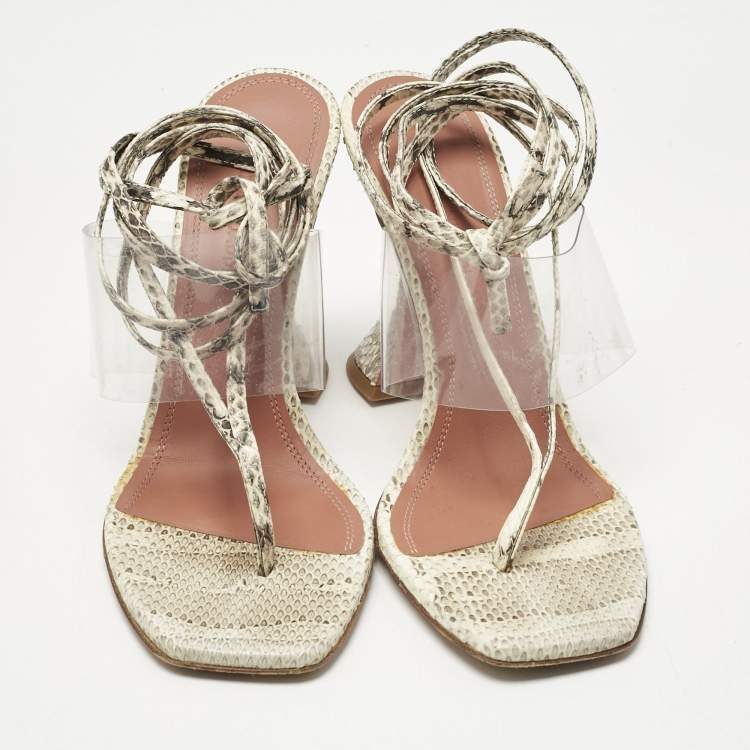 Pre Owned Amina Muaddi Cream/Beige Water Snakes and PVC  Zula Sandals Size 37.5