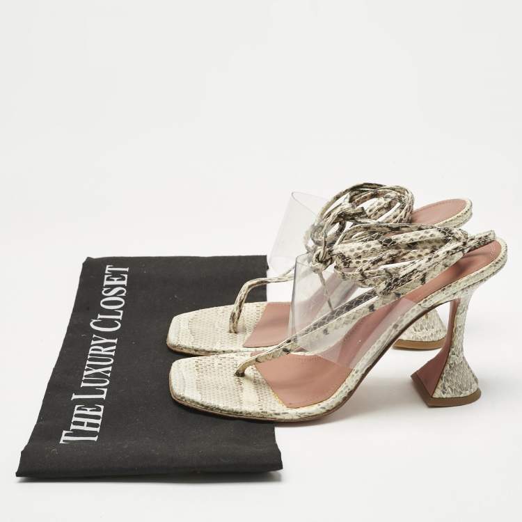 Pre Owned Amina Muaddi Cream/Beige Water Snakes and PVC  Zula Sandals Size 37.5