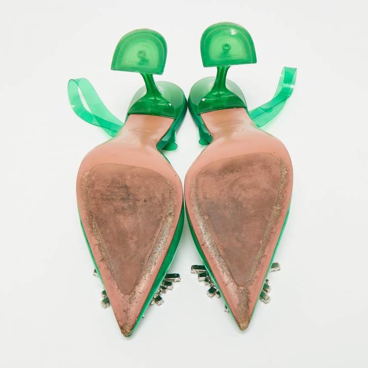 Pre Owned Amina Muaddi Green PVC Begum Crystal-Embellished Slingback Pumps Size 38.5
