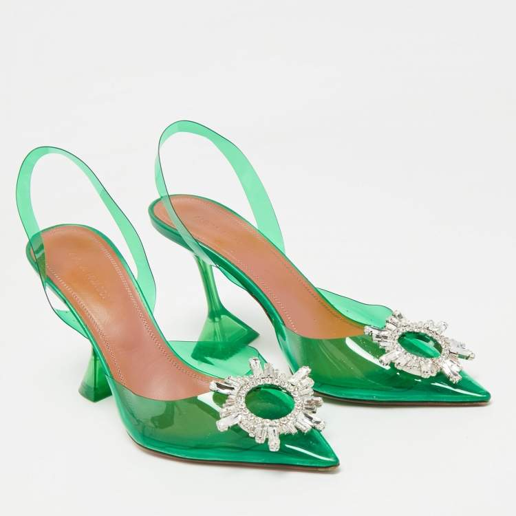 Pre Owned Amina Muaddi Green PVC Begum Crystal-Embellished Slingback Pumps Size 38.5