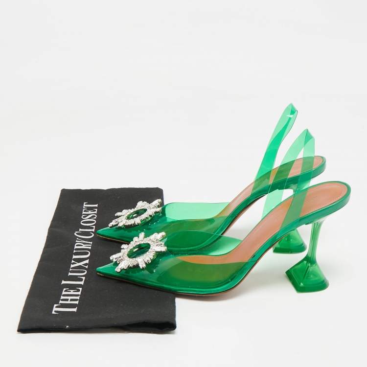 Pre Owned Amina Muaddi Green PVC Begum Crystal-Embellished Slingback Pumps Size 38.5