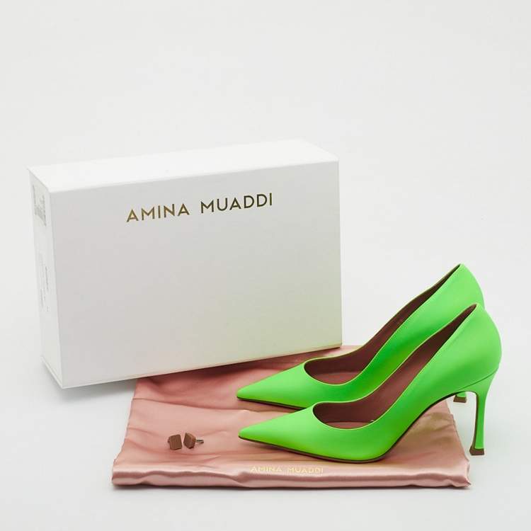 Pre Owned Amina Muaddi Neon Green Leather Sharon Pumps Size 37