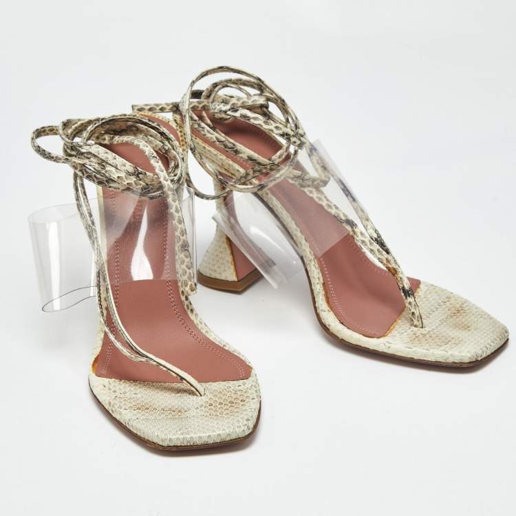 Pre Owned Amina Muaddi Cream/Beige Water Snakes and PVC Zula Sandals Size 38.5