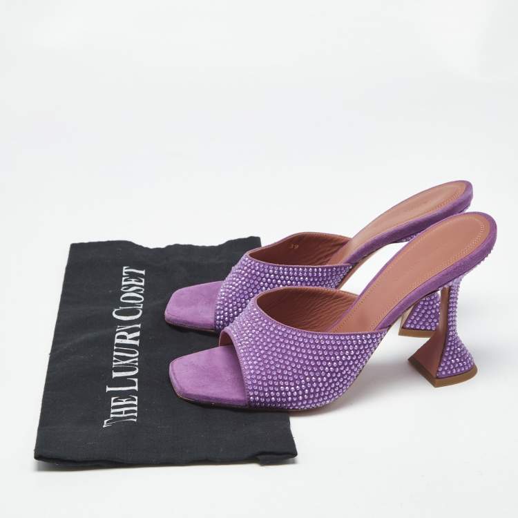 Pre Owned Amina Muaddi Black Suede Lupita Crystal Embellished Slide Sandals Size 39