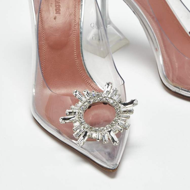 Pre Owned Amina Muaddi Transparent PVC Begum Crystal Embellished Pointed Toe Pumps Size 39