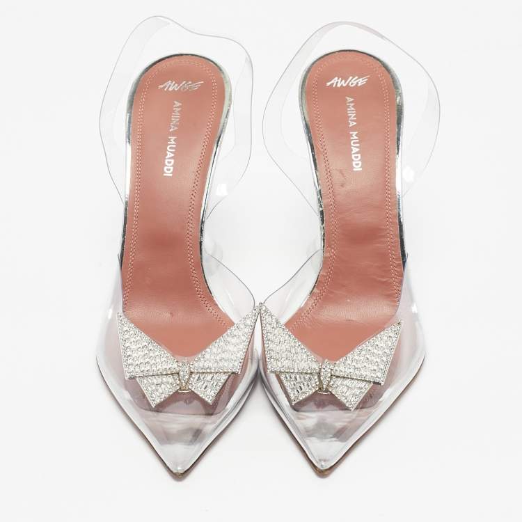 Pre Owned Amina Muaddi Transparent PVC Begum Crystal Embellished Pointed Toe Pumps Size 39