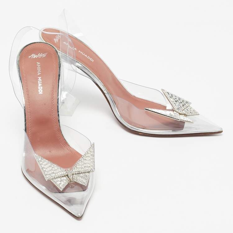 Pre Owned Amina Muaddi Transparent PVC Begum Crystal Embellished Pointed Toe Pumps Size 39