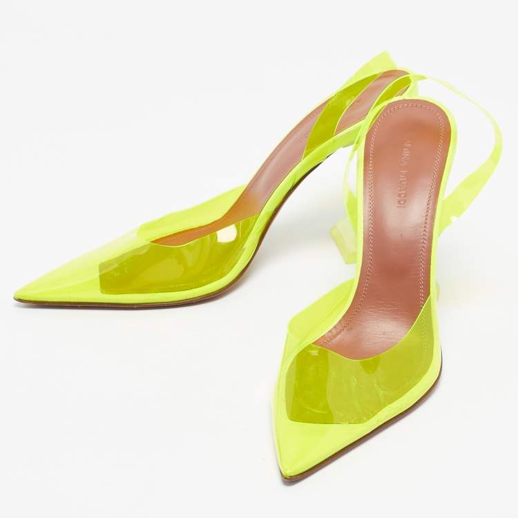 Pre Owned Amina Muaddi Neon Yellow PVC Holli Glass Slingback Pumps Size 38