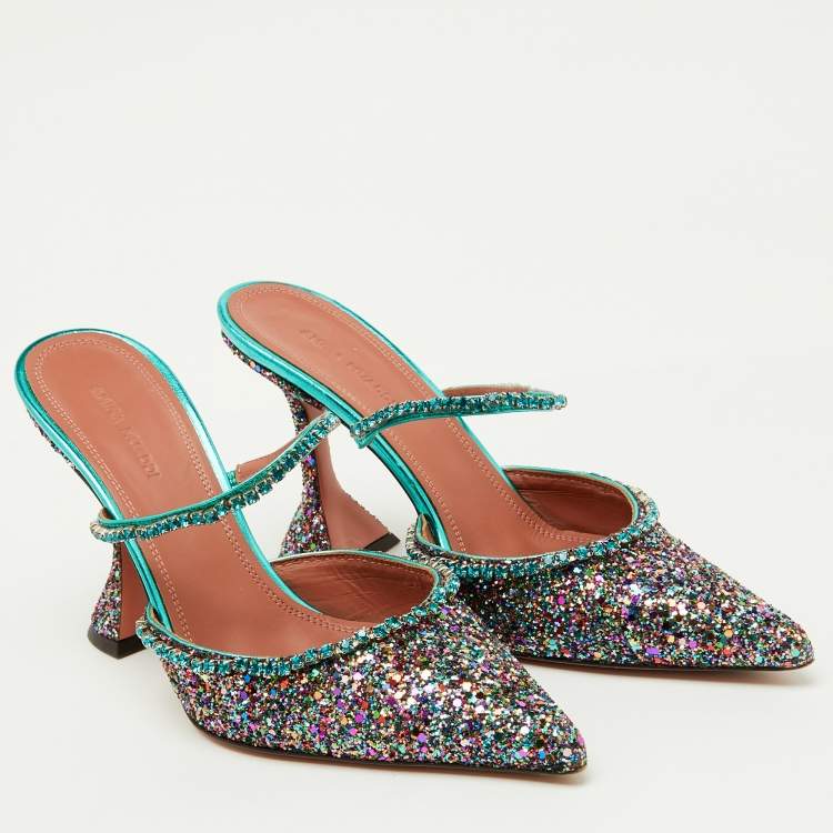 Pre Owned Amina Muaddi Multicolor Glitter Gilda Crystal Embellished Mules Size 38.5