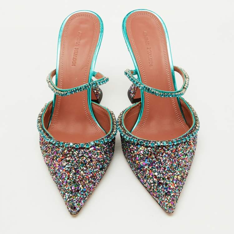 Pre Owned Amina Muaddi Multicolor Glitter Gilda Crystal Embellished Mules Size 38.5
