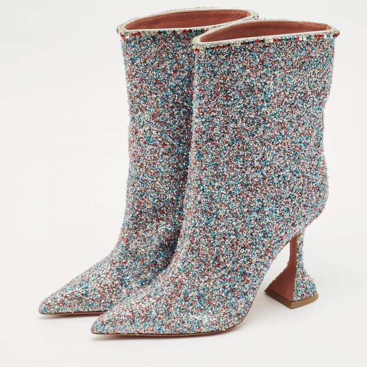 Pre Owned Amina Muaddi Multicolor Fabric and Glitter MIA MARTINI Ankle Length Boots Size 35