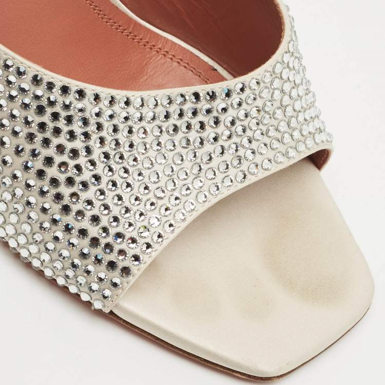 Pre Owned Amina Muaddi Sliver Satin lupita Slide Sandals Size 37.5
