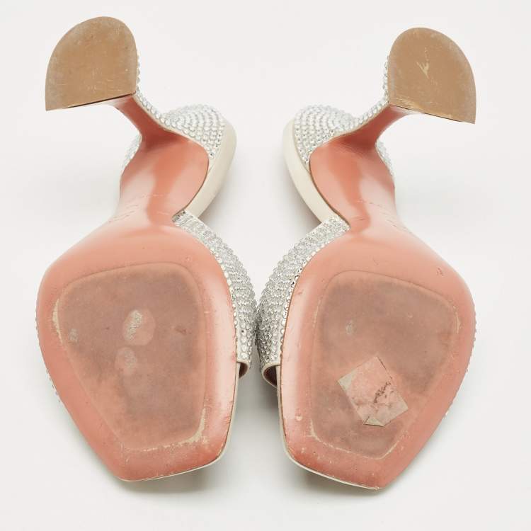 Pre Owned Amina Muaddi Sliver Satin lupita Slide Sandals Size 37.5