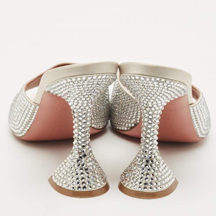 Pre Owned Amina Muaddi Sliver Satin lupita Slide Sandals Size 37.5