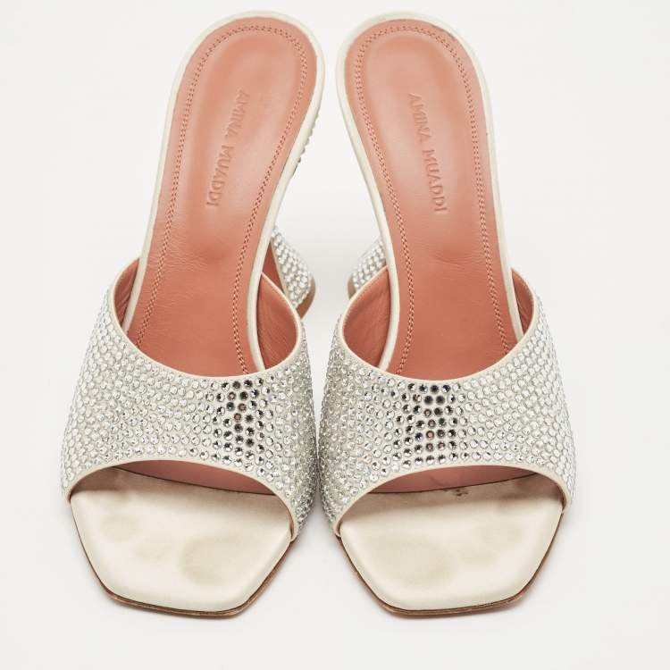 Pre Owned Amina Muaddi Sliver Satin lupita Slide Sandals Size 37.5