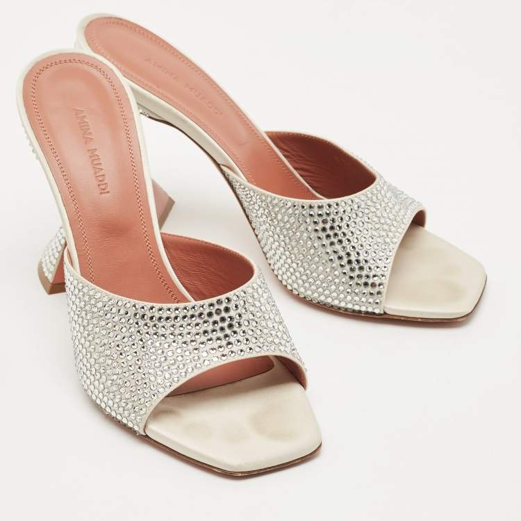 Pre Owned Amina Muaddi Sliver Satin lupita Slide Sandals Size 37.5