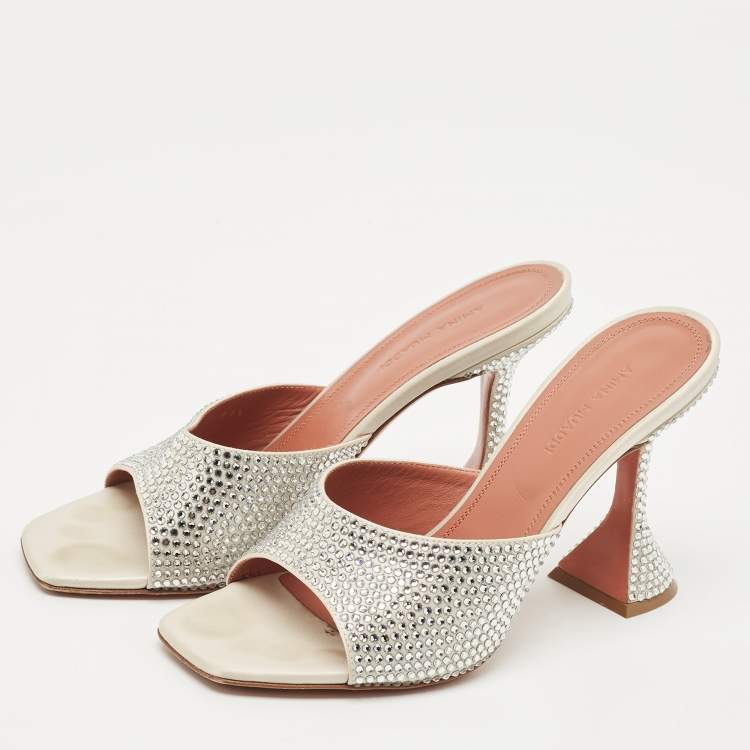 Pre Owned Amina Muaddi Sliver Satin lupita Slide Sandals Size 37.5