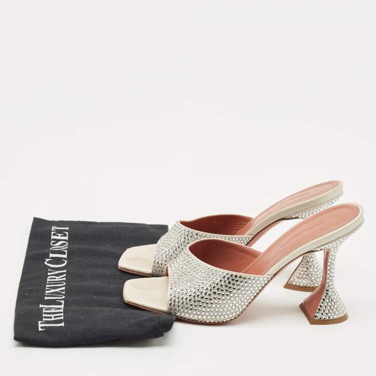Pre Owned Amina Muaddi Sliver Satin lupita Slide Sandals Size 37.5