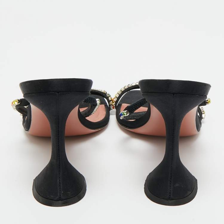 Pre Owned Amina Muaddi Black Crystal Embellished Satin Gilda Slide Sandals Size 38.5