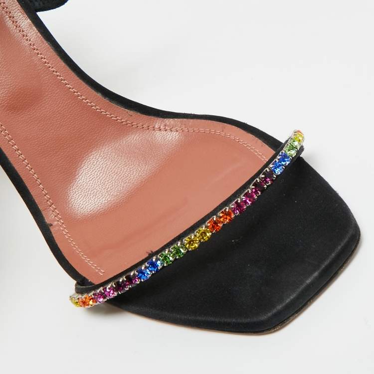 Pre Owned Amina Muaddi Black Crystal Embellished Satin Gilda Slide Sandals Size 38.5