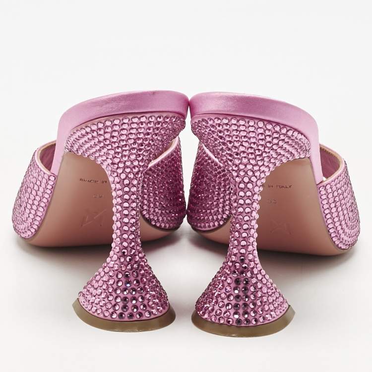 Pre Owned Amina Muaddi Pink Satin Crystal Embellished Lupita Slide Sandals Size 38