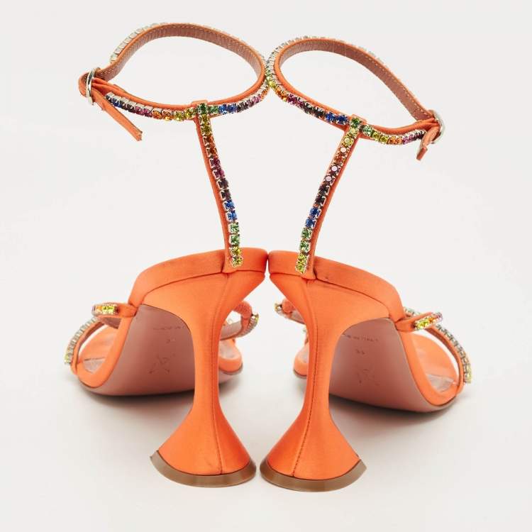 Pre Owned Amina Muaddi Orange Satin Rainbow Crystal Gilda Ankle Strap Sandals Size 38