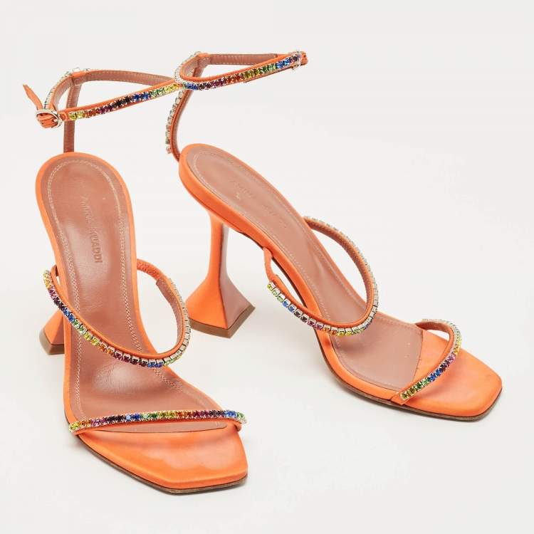 Pre Owned Amina Muaddi Orange Satin Rainbow Crystal Gilda Ankle Strap Sandals Size 38