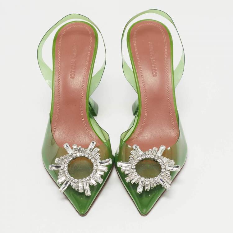 Pre Owned Amina Muaddi Green PVC Begum Crystal-Embellished Slingback Pumps Size 37.5