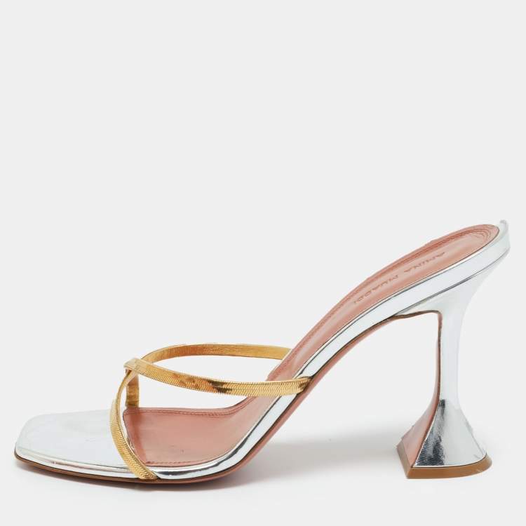 Pre Owned Amina Muaddi Gold/Silver Metal Henson Slide Sandals Size 39.5