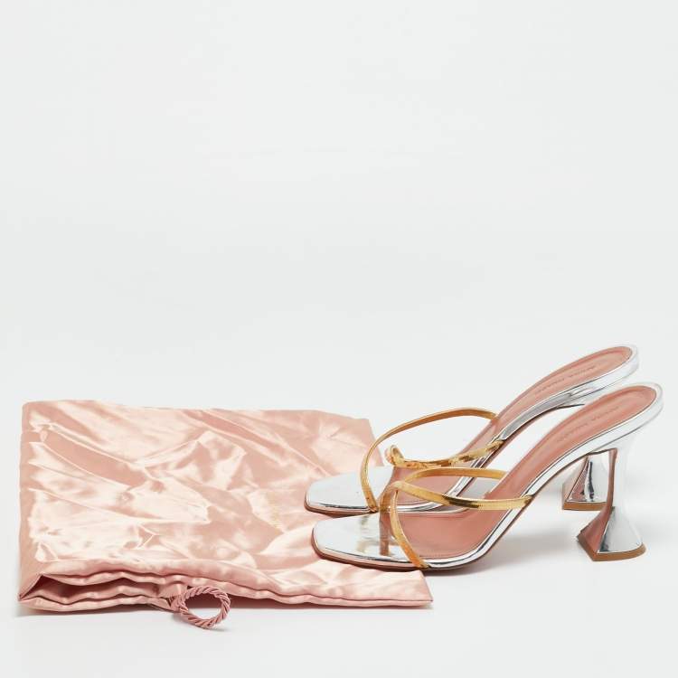Pre Owned Amina Muaddi Gold/Silver Metal Henson Slide Sandals Size 39.5
