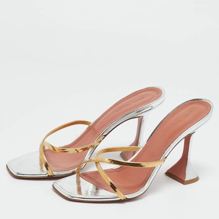 Pre Owned Amina Muaddi Gold/Silver Metal Henson Slide Sandals Size 39.5