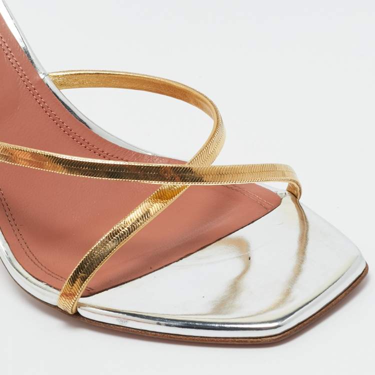 Pre Owned Amina Muaddi Gold/Silver Metal Henson Slide Sandals Size 39.5