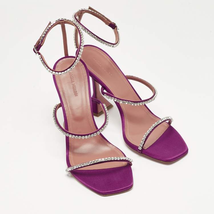 Pre Owned Amina Muaddi Purple Satin Gilda Ankle Strap Sandals Size 41