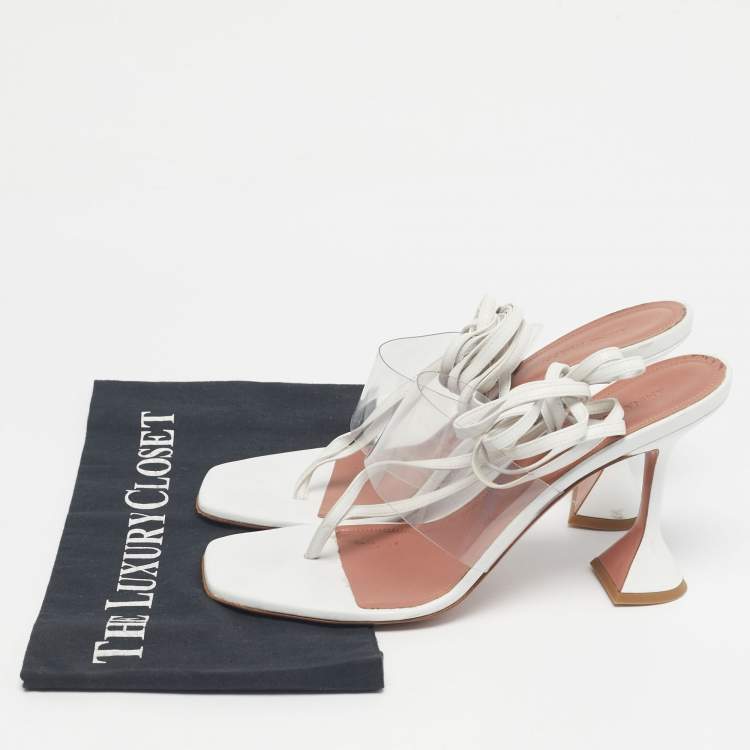 Pre Owned Amina Muaddi White Leather and PVC Zula Ankle Strap Sandals Size 42