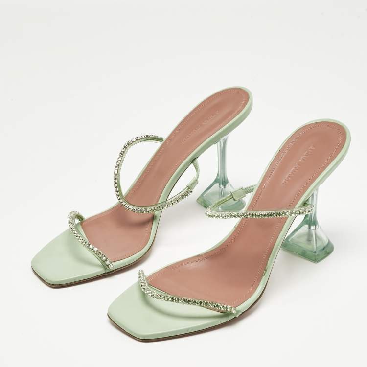 Pre Owned Amina Muaddi Mint Green PVC Crystal Embellished Gilda Slide Sandals Size 41