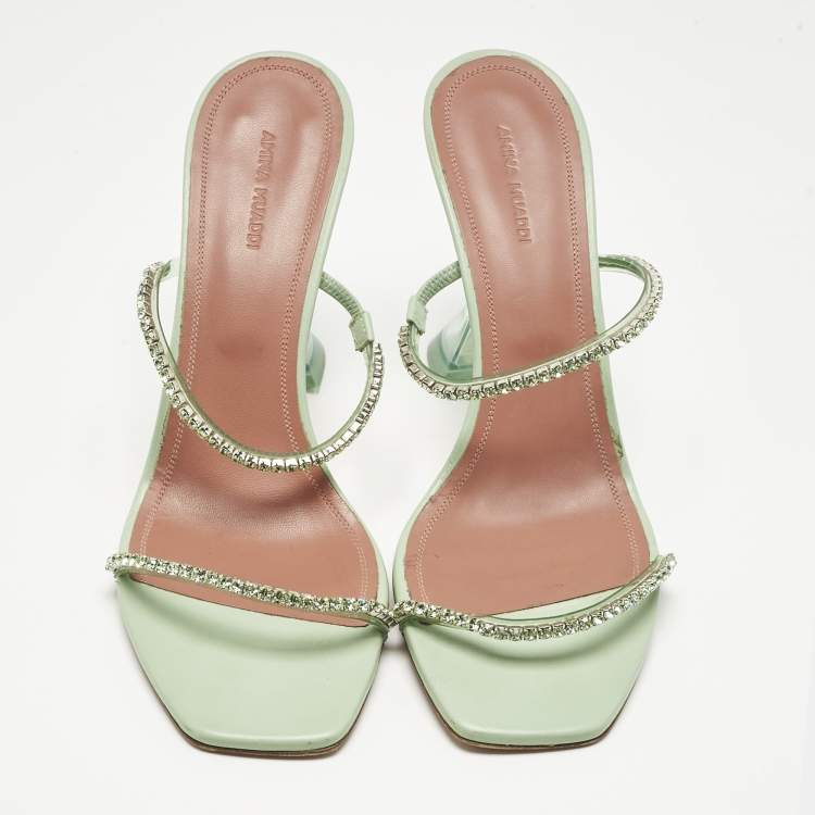 Pre Owned Amina Muaddi Mint Green PVC Crystal Embellished Gilda Slide Sandals Size 41