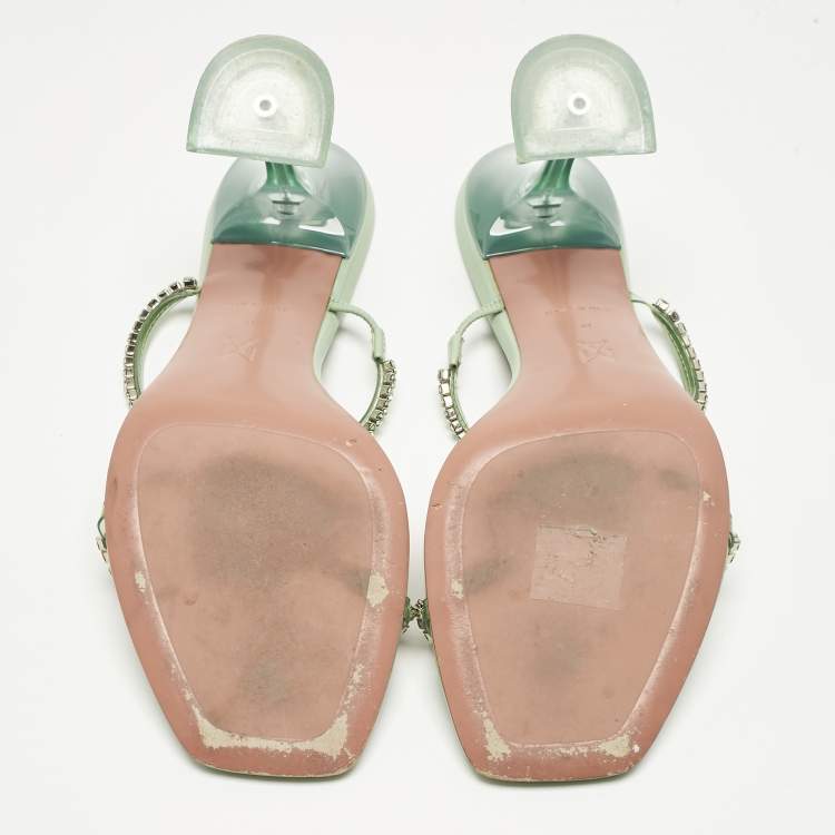 Pre Owned Amina Muaddi Mint Green PVC Crystal Embellished Gilda Slide Sandals Size 41