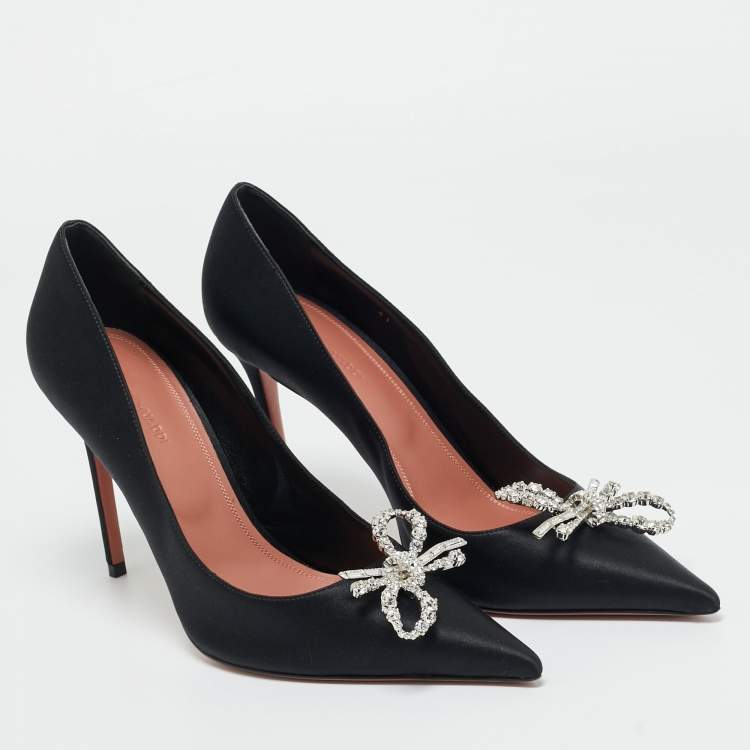Pre Owned Amina Muaddi Black Satin Crystal Embellished Rosie Pumps Size 41
