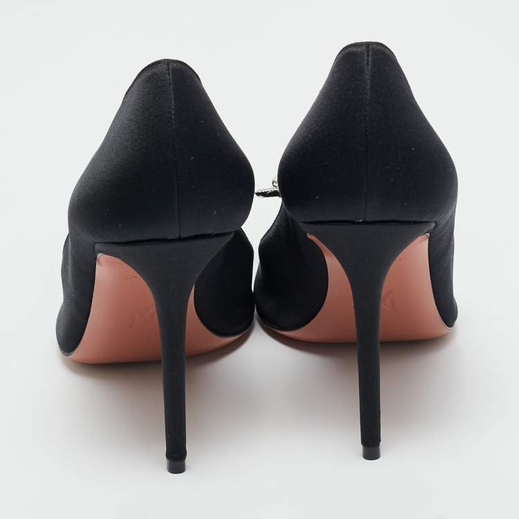 Pre Owned Amina Muaddi Black Satin Crystal Embellished Rosie Pumps Size 41