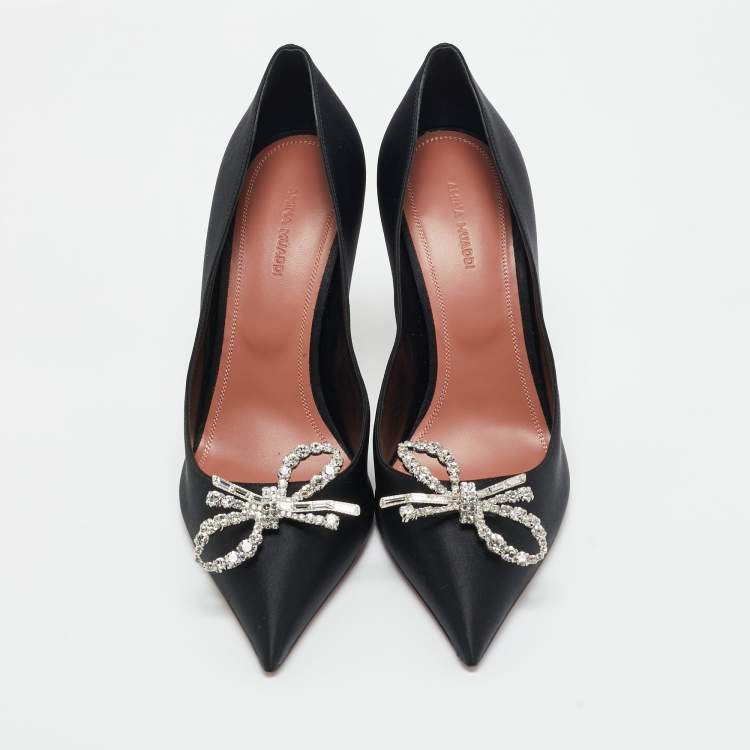 Pre Owned Amina Muaddi Black Satin Crystal Embellished Rosie Pumps Size 41